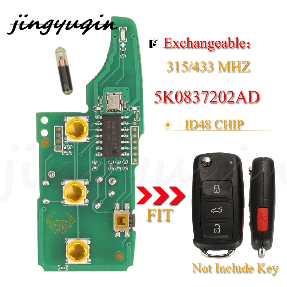 

jingyuqin 10pcs 4Buttons Remote Car Key Circuit Board 433Mhz 5K0837202AD For VW Beetle Caddy Eos Golf Jetta Polo Scirocco Tiguan