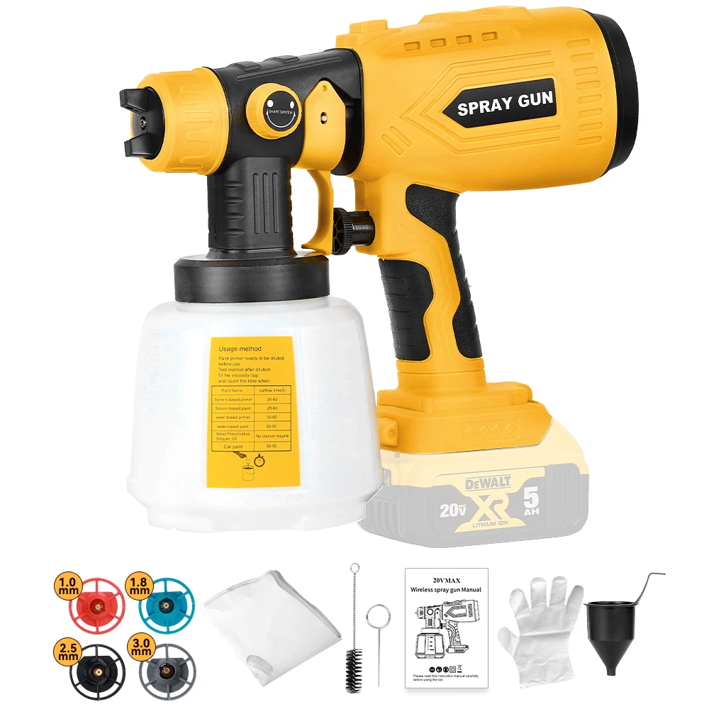

Cordless HVLP Paint Sprayer for Dewalt 20V Battery, 200W Spray Gun with 4 Copper Nozzles for Home Painting(Battery not Included)