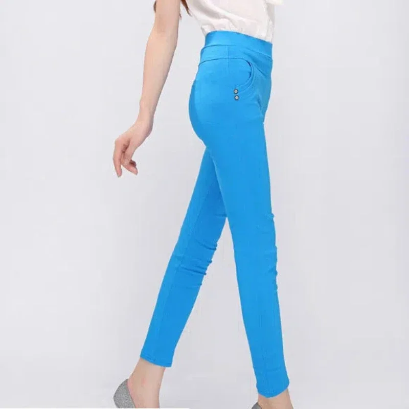 Spring Autumn Women's Clothing Elastic High Waisted Solid Color Pockets Button Casual Pencil Trousers Korean Fashion Pants