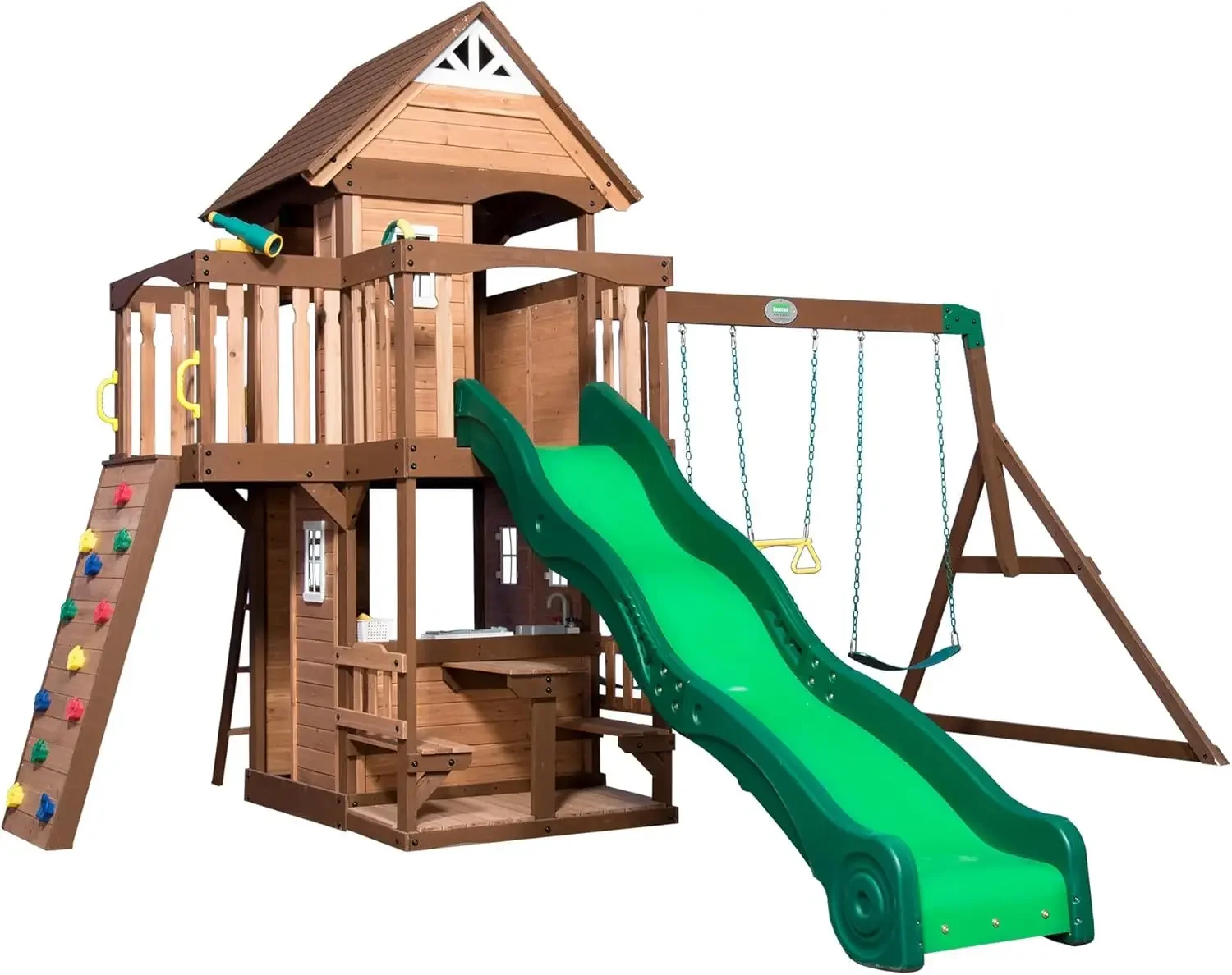 Discovery Mount Triumph All Cedar Swing Set, Covered Upper Clubhouse, Telescope, Steering Wheel, Lower Playhouse, Sink,