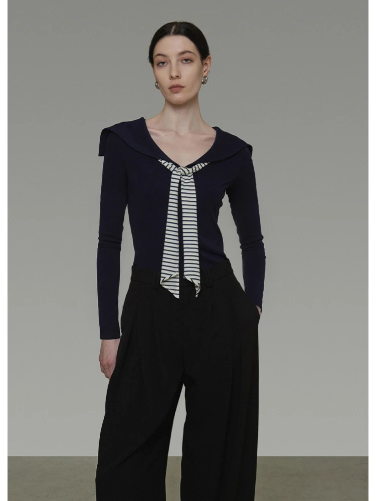 Cheerart preppy gola de marinheiro manga longa malha superior e blusa mulher gravata pescoço azul real malhas 2025 roupas outono