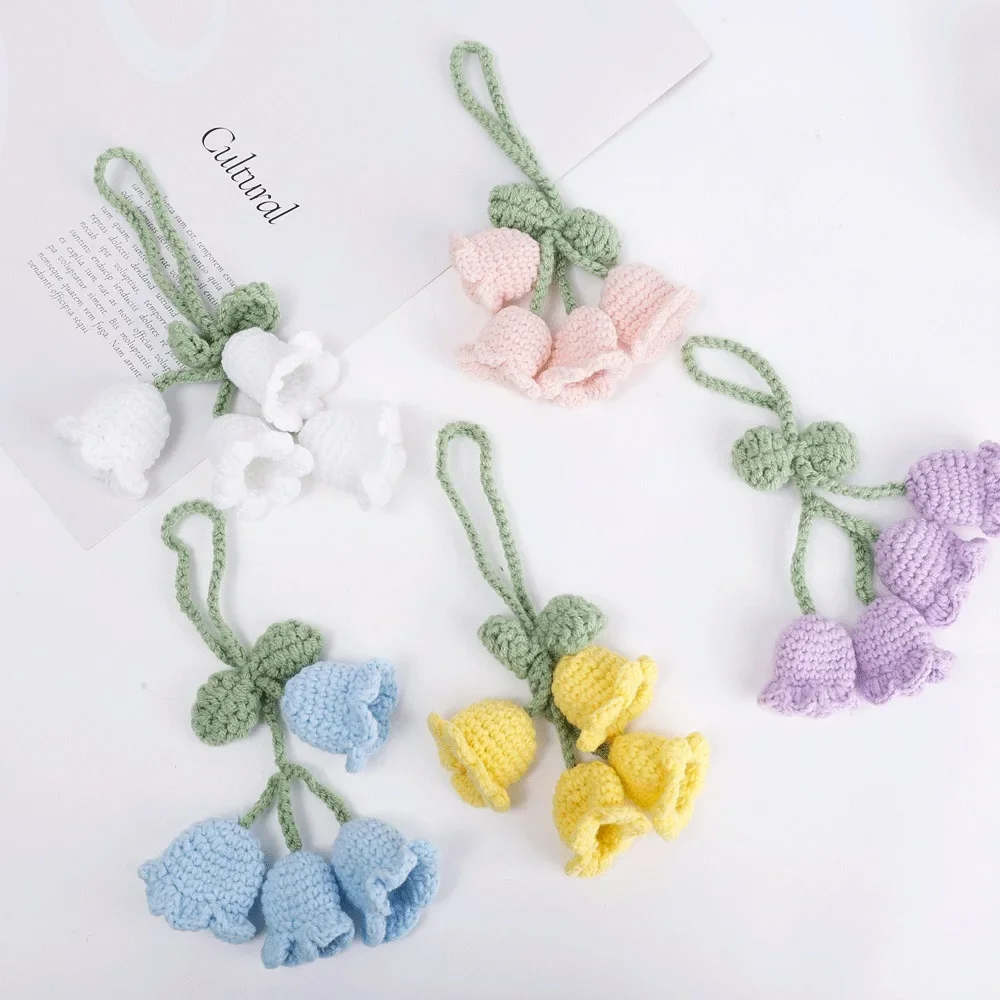 Handmade Flower Knitted Keychain Keyring Women Crocheted Wool Flower Leaf Bag Pendants Car Key Ring Fresh Handbag Charms Gifts