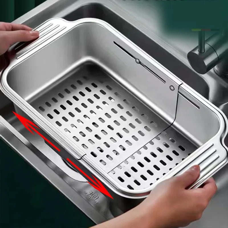 304 Stainless Steel Sink Drain Basket, Retractable Drain Rack, Vegetable Washing Basin, Bowl, Chopsticks, Plate Storage Rack