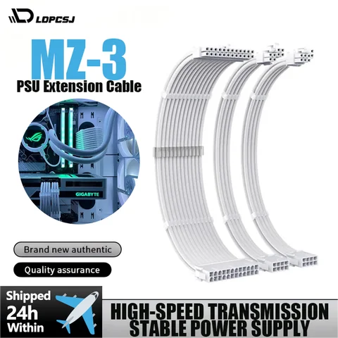 LDPCSJ ATX PSU Extension Cable 3in1 Kit 18AWG 300mm Motherboard 24Pin GPU PCI-E 6+2Pin 8Pin CPU EPS 4+4Pin Power Cord with Cable Combs Flexible Sleeved Wire for Custom Gaming PC Internal Power Supply Modding Replacement Wiring Accessory