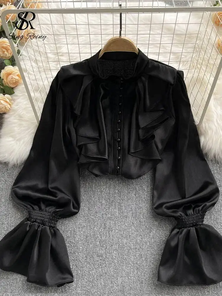 

SINGREINY High Quality Satin Loose Shirt Long Flared Sleeves Ruffles O Neck Beading Women Gentle Office Lady Casual Blouse