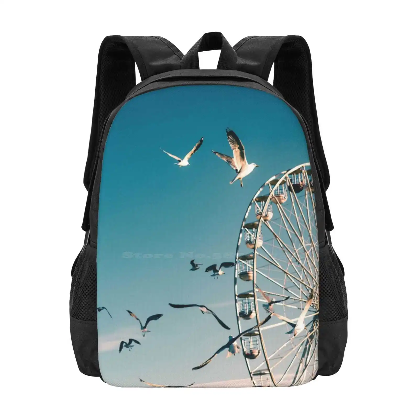 Birds Flying High In Oslo Hot Sale Schoolbag Backpack Fashion Bags Birds Flying Ferris Wheel Sky Summer