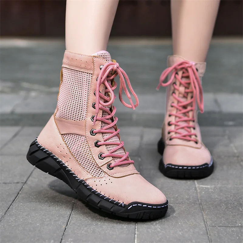 

Retro Ladies Pink Boots Plus Size 36-48 Mesh Breathable Woman Summer Boots Lace-up Casual Ankle Boots for Men Women botas mujer