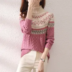 Women's Clothing Pullover Sweater Knitted Long Sleeve Round Autumn Winter Half High Collar Geometric Contrast Color Sweet Tops