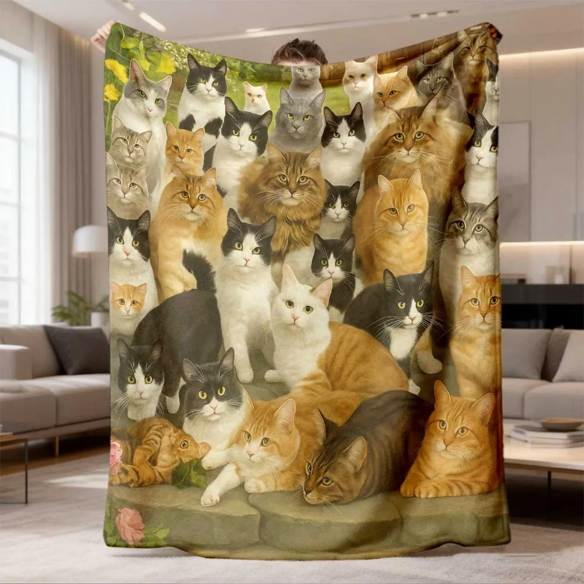 Vintage Oil Painting Various Color Cat Dense Portrait Garden Green Background Pattern Flannel Throw Blanket, Warm Cozy Blanket