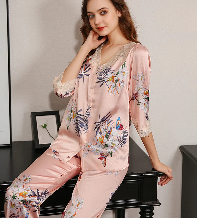 

100% Mulberry Silk Pyjamas Women Pajamas sets Pajama Lingerie Print Nighty Sleepwear Women's Underwear Ensembles Pyjama PJ Sets