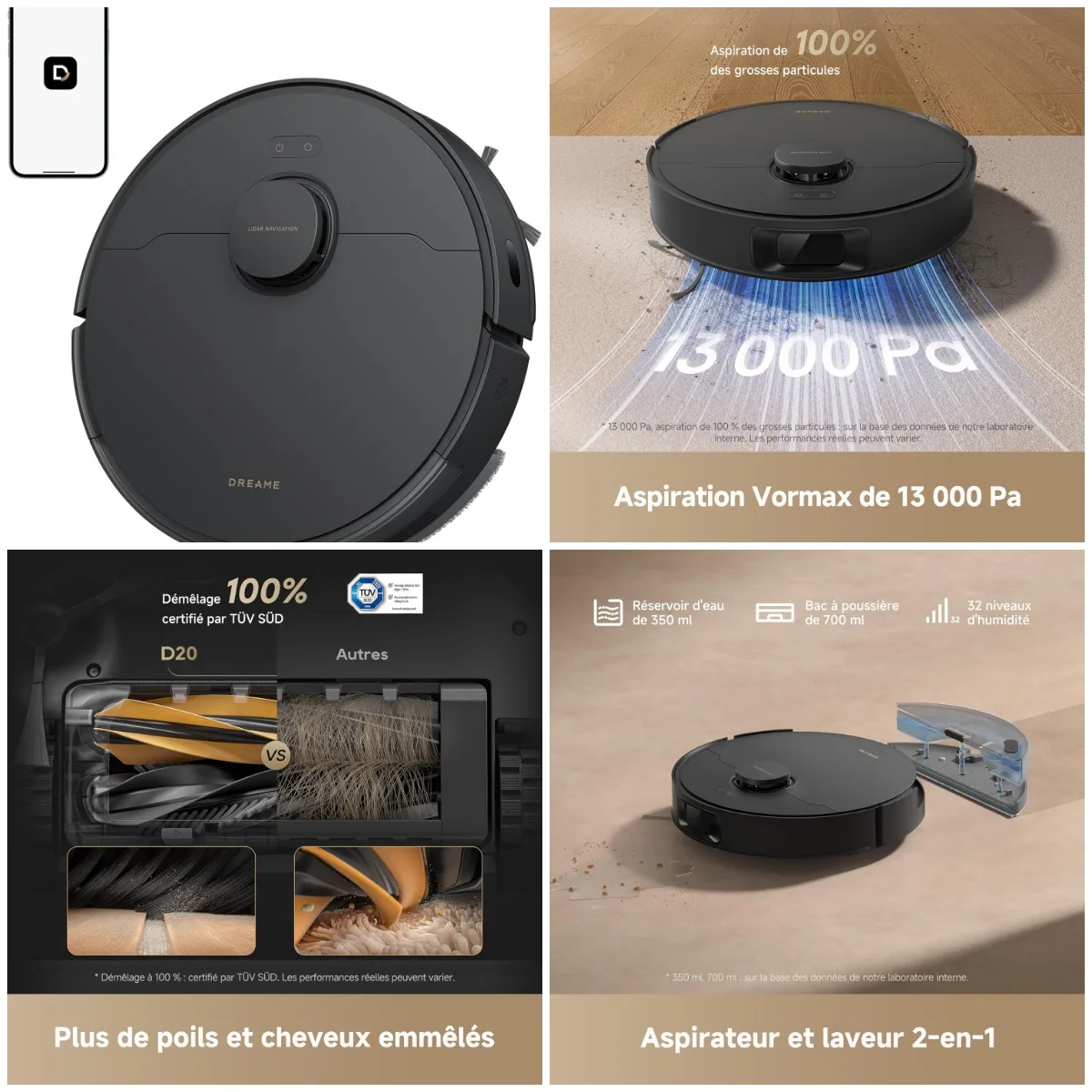 Dreame D20 Aspirateur Robot 13000pa, Brosse Duo Poils Animaux, Navigation