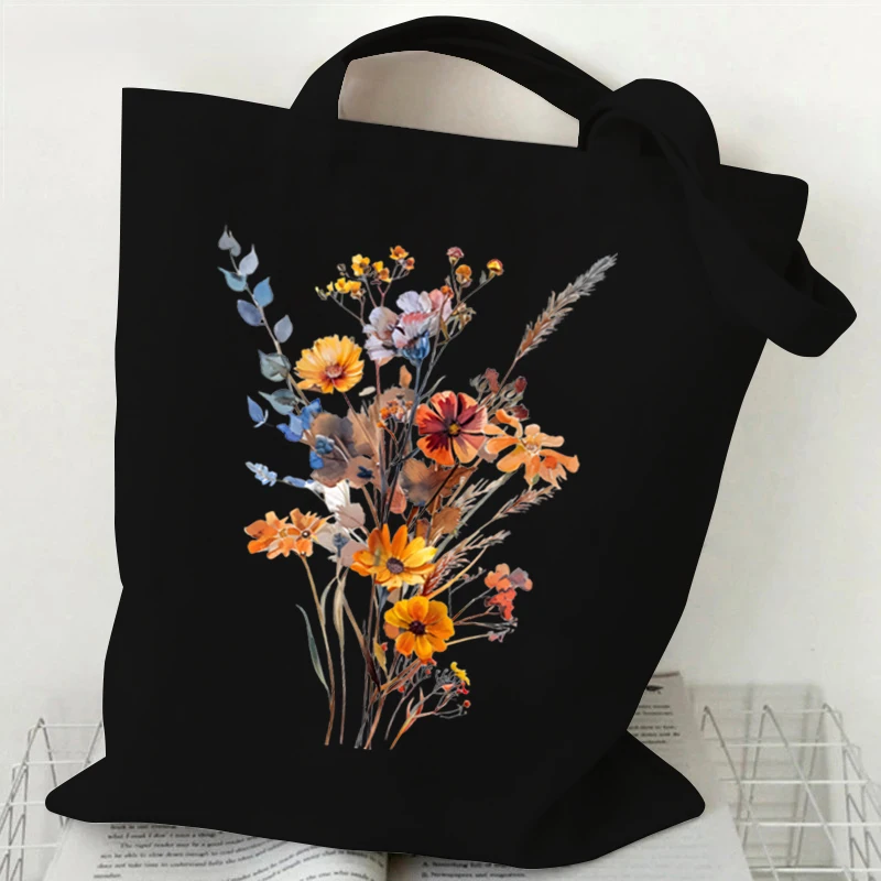 Shoulder Bag for Women Wildflowers Canvas Tote Bag Women Shopping Bag Student Boho Wildflowers Plant Female Reusable Handbags