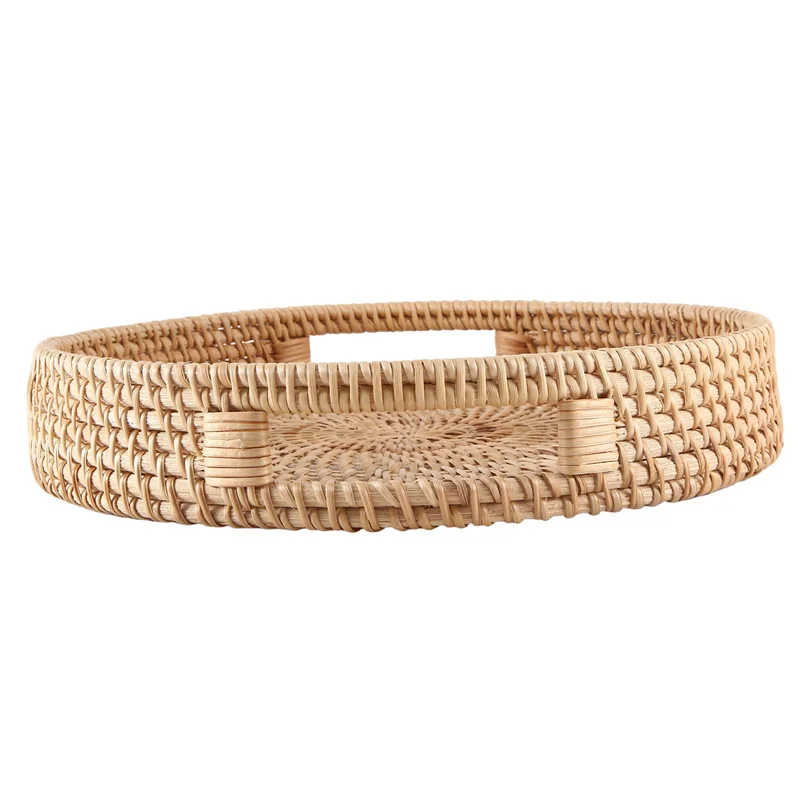 

【Superdeals】3X Round Rattan Serving Tray Decorative Woven Ottoman Trays With Handles For Coffee Table Natural(Small)