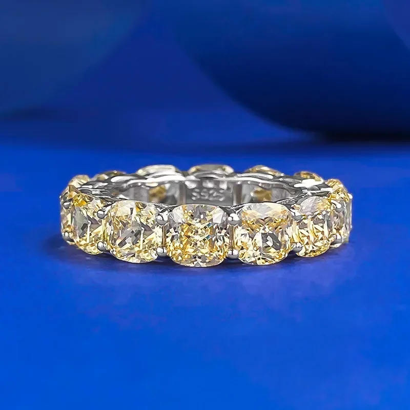 S925 Silver Fat Square 5 * 5mm Yellow Diamond Row Diamond Ring Stacked Diamond Ring Female Ins Style Ring