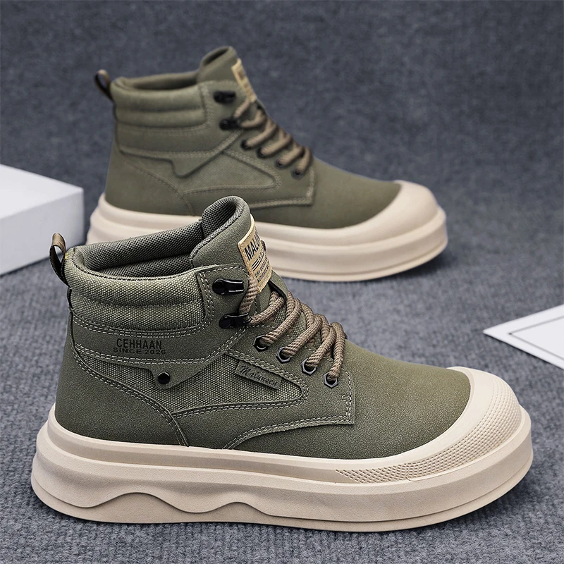 

Men's High-Top Boots Leather Surface Waterproof Non-Slip Casual Outdoor Sports Thick Bottom Heightening Work Boots