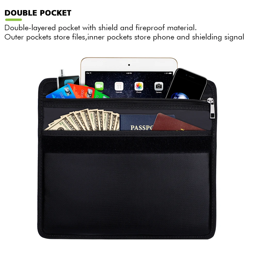 Double Layer Pocket Electronic Shielding Bag Fireproof Material File Organizer Bag Can Store Cell Phones Bank Cards Valuables