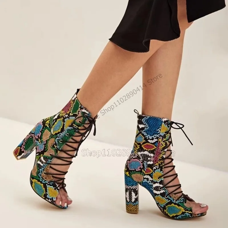 Mixed Color Print Hollow Design Ankle Boots Cross Tied Women Shoes Chunky High Heels Peep Toe Fashion 2023 Zapatos Para Mujere