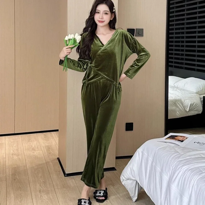 Pleuche-Ensemble de pyjama bandage décontracté pour femme, vêtements de nuit doux et confortables pour la maison, vêtements de nuit sexy, mode Ulzzang, élégant, tout assressenti, doux, automne
