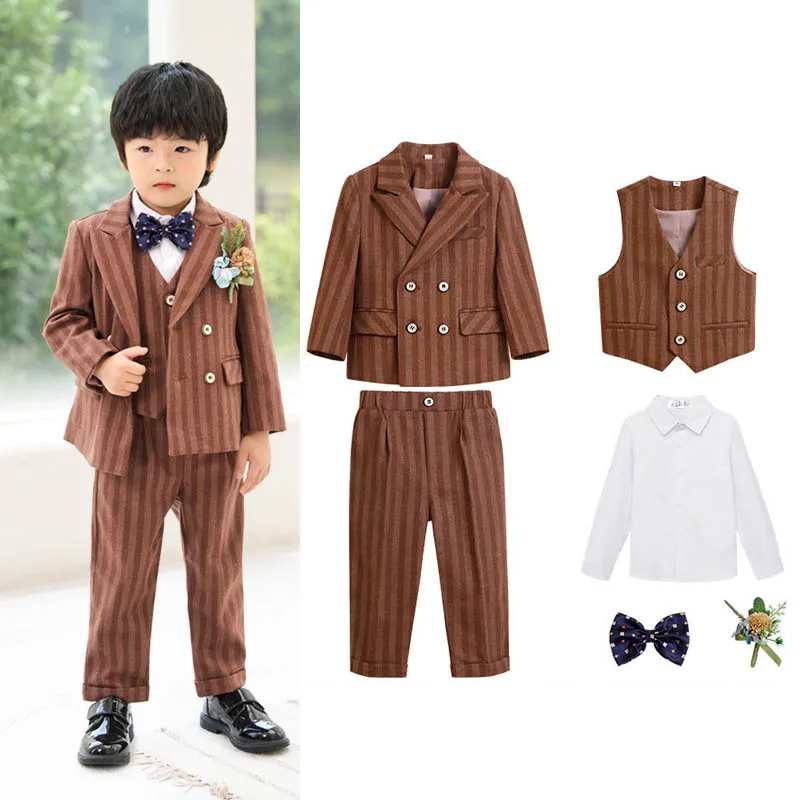 

Детские деловые темно-синие костюмы из 4 предметов для мальчиков, весенние полосатые свадебные костюмы для джентльменов для мальчиков от 3 до 14 лет, детская куртка, жилет, брюки, наряды с галстуком-бабочкой