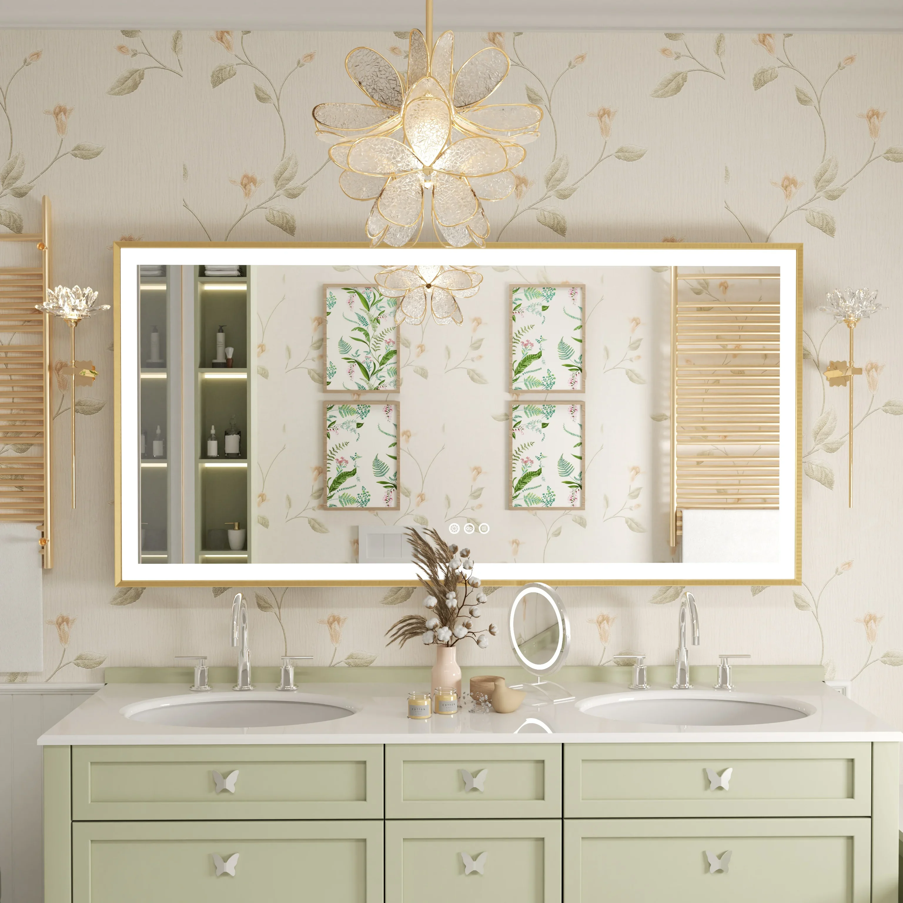 

Beveled Edge Tricolors Stepless Dimmable LED Bathroom Vanity Mirror Gold Frame Front Lighted Aluminum Rectangle