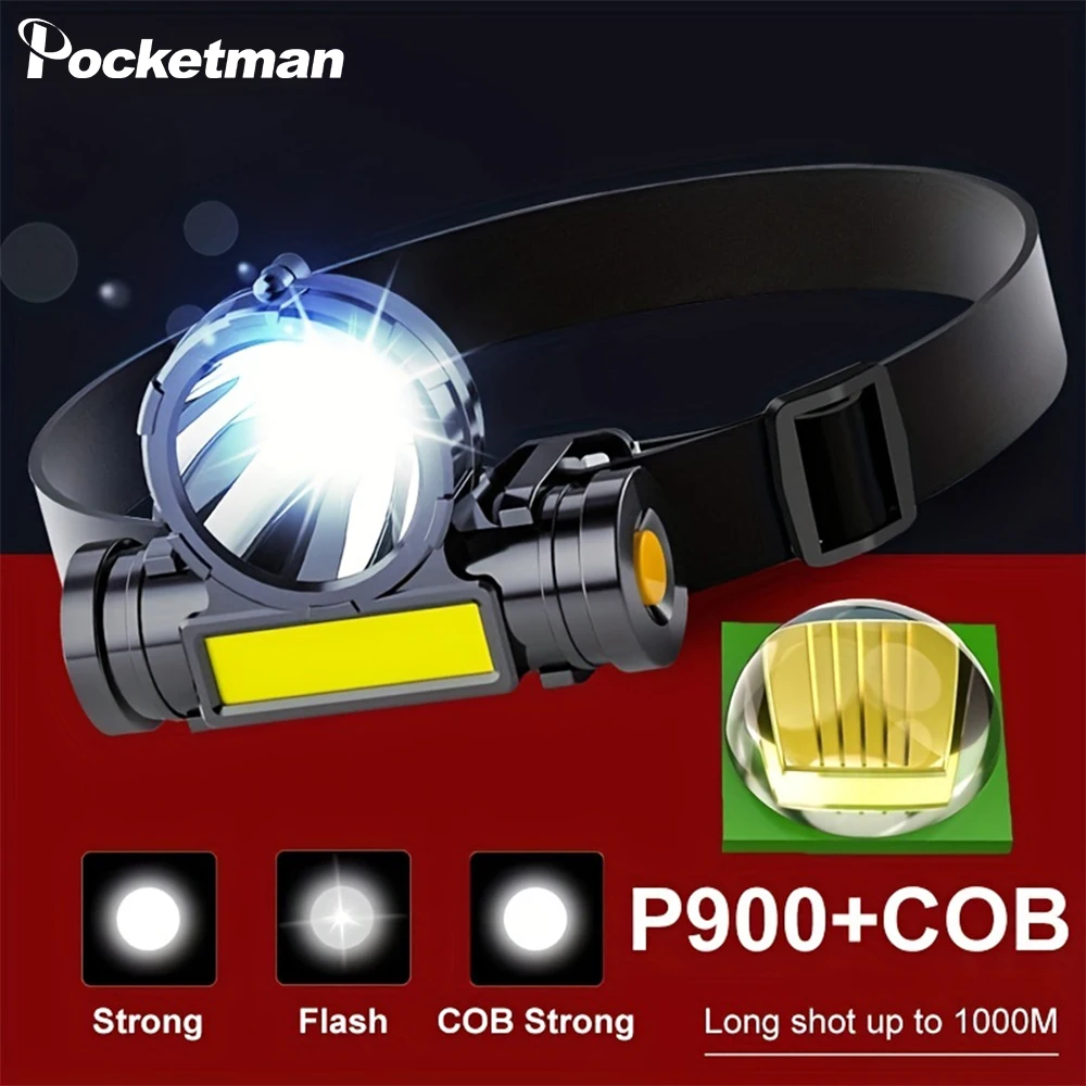 

Powerful P900+COB LED Headlamp Waterproof Headlight Dual Light Source 3 Lighting Modes USB Rechargeable Head Lamp with Battery