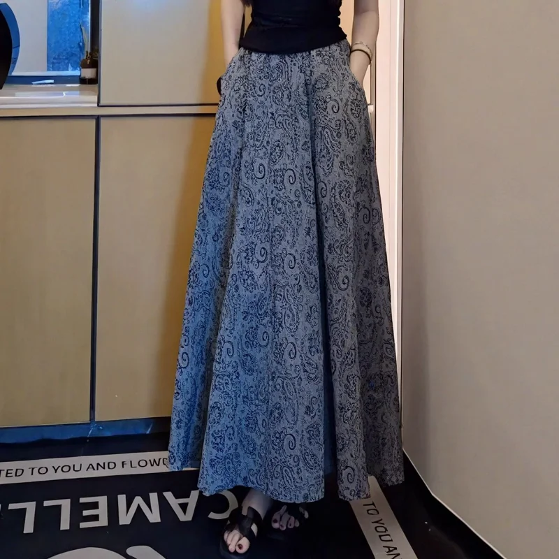 

Advanced All Match Legal Feeling Elastic Waist Long Skirt Summer New Style French Fashion Ladylike Style Printed Skirt for Women