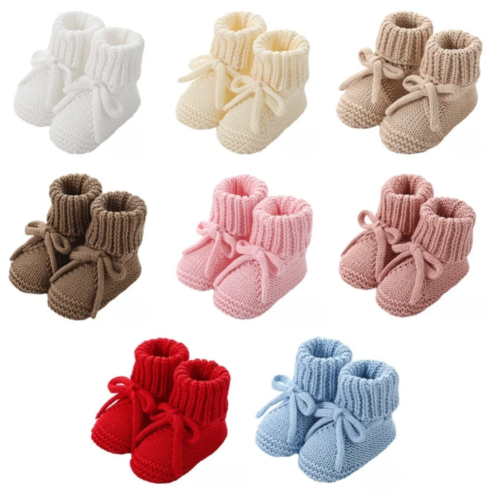 Nuevos zapatos bonitos para caminar con lazo, zapatos cómodos tejidos para niños pequeños, calcetines suaves y cálidos para gatear en el suelo para recién nacidos de 0 a 12 meses