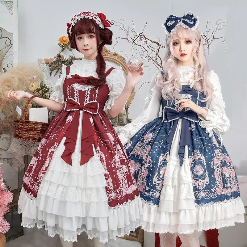 Japanese Elegant Vintage Style Lolita Jsk Dress Women Kawaii Bow Flower Print Cosplay Dresses Sweet Girl Gothic Y2k Strap Dress
