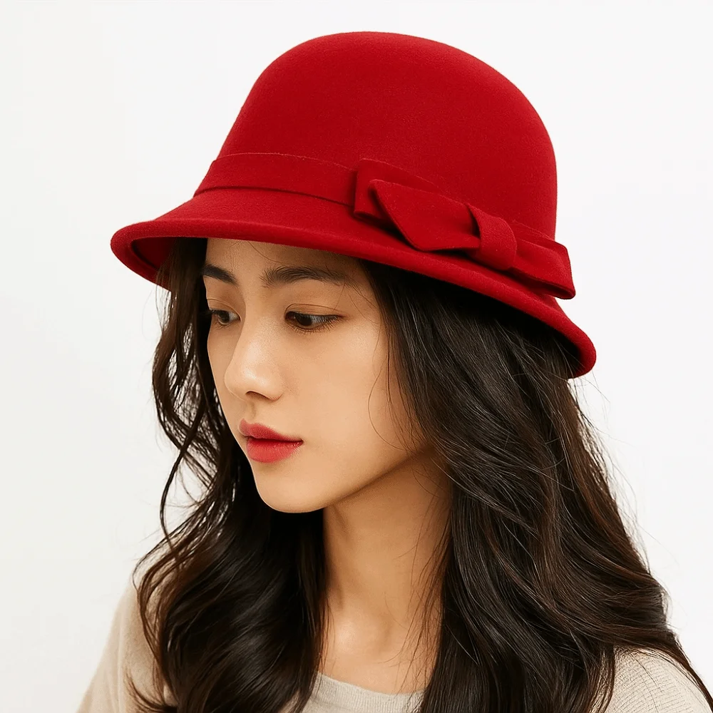 Jazz Cap Felt Wool Bucket Hat French Style Bow Mourning Cap Flat-top Cloche Fedora Cap Black Topper Hat Ladies