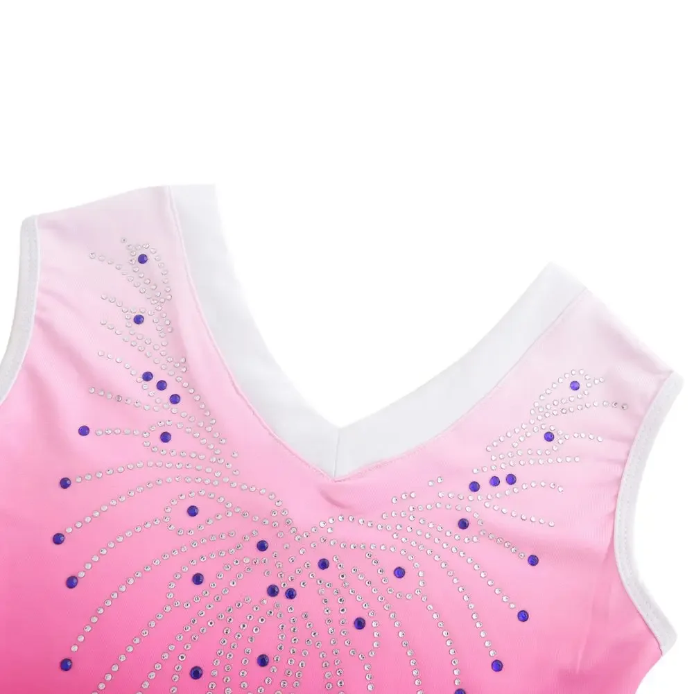 5-14T Kids Girl Ballet Dance Gymnastic Leotard Sleeveless V-Neck Bodysuit for Stage Performance Dancewear Sportswear Costumes