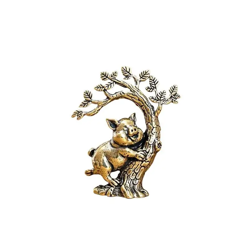 Vintage Brass Pig Climbing Tree Figurine, Cute Pig Hugging Tree Statue For Home Office Tea Table Decor, 1 Piece