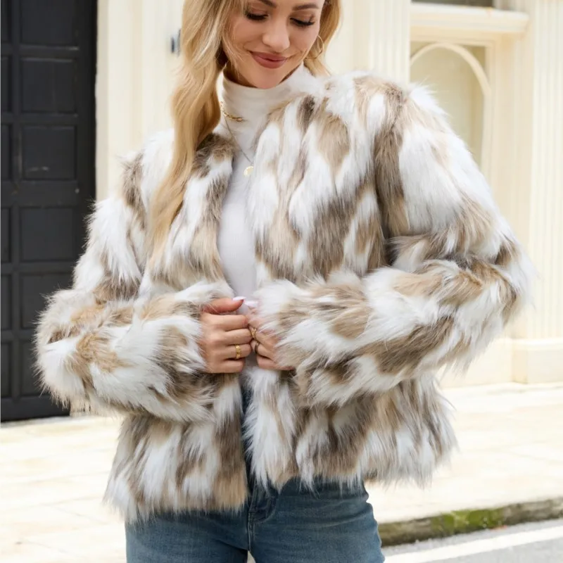 

2025 Short Faux Fox Fur Coat Jackets Patchwork Design Warm Thicken Soft Fluffy Fur Womens Outerwear Jackets Coats Tops