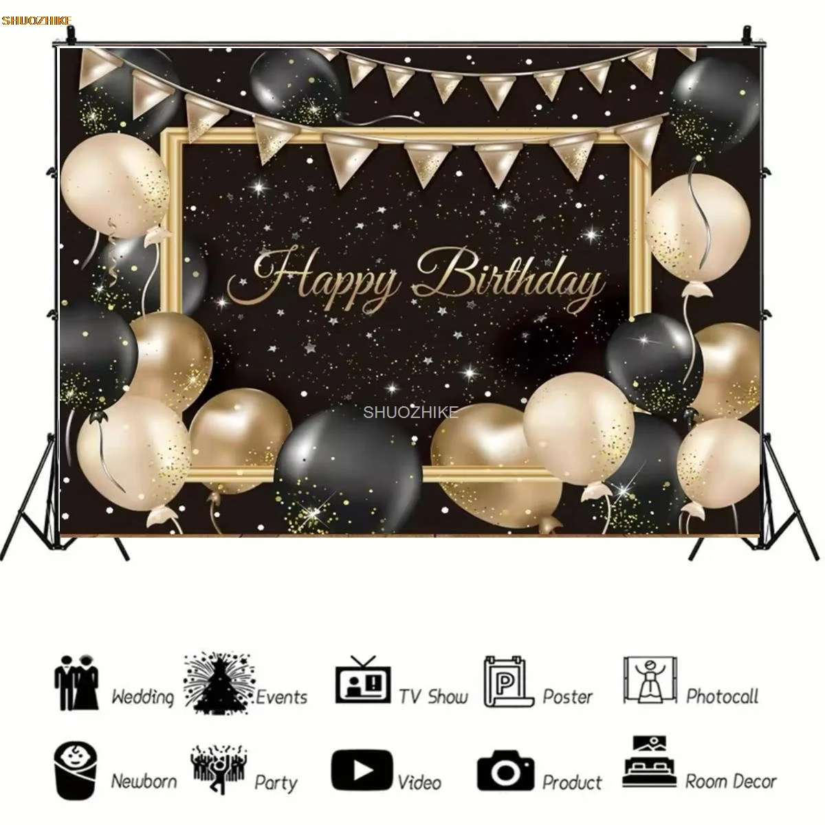 SHUOZHIKE Roze Zwart Goud Gelukkige Verjaardag Achtergrond Glitter Balloon Jongens Meisjes Party Ballon Sparkle Fotostudio Achtergrond JC-07