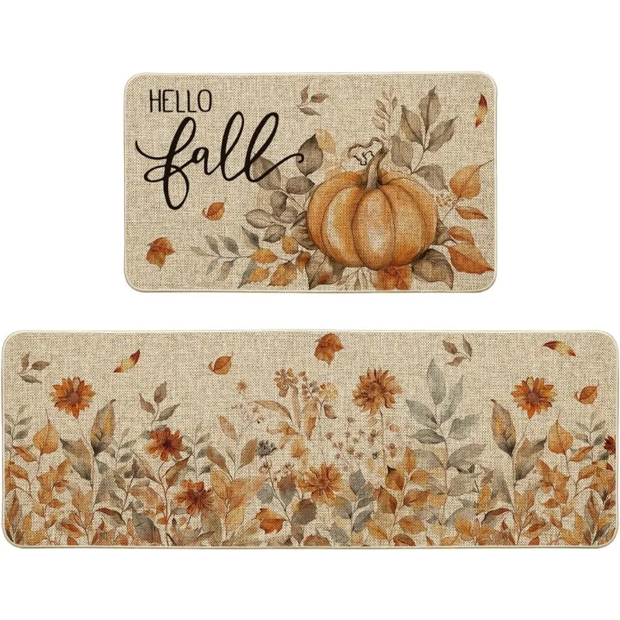 

Pumpkin Sunflowers Hello Fall Kitchen Mats Set of 2 Autumn Home Decor LowProfile Kitchen Rugs for Floor 17x29 and 17x47 Inch