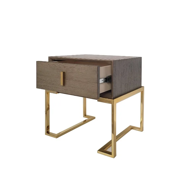 

Bedside Table Cabinet Set Solid Oak Wood And Bronze Stainless Steel Nightstand Bedroom Furniture