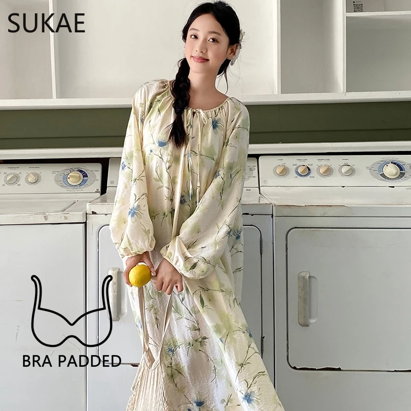 SUKAE Cotton Nightgowns for Women Autumn New Elegant Nightwear Stylish Sleepshirt Lady Long Gowns Fashion Casual Chic Girl Dress