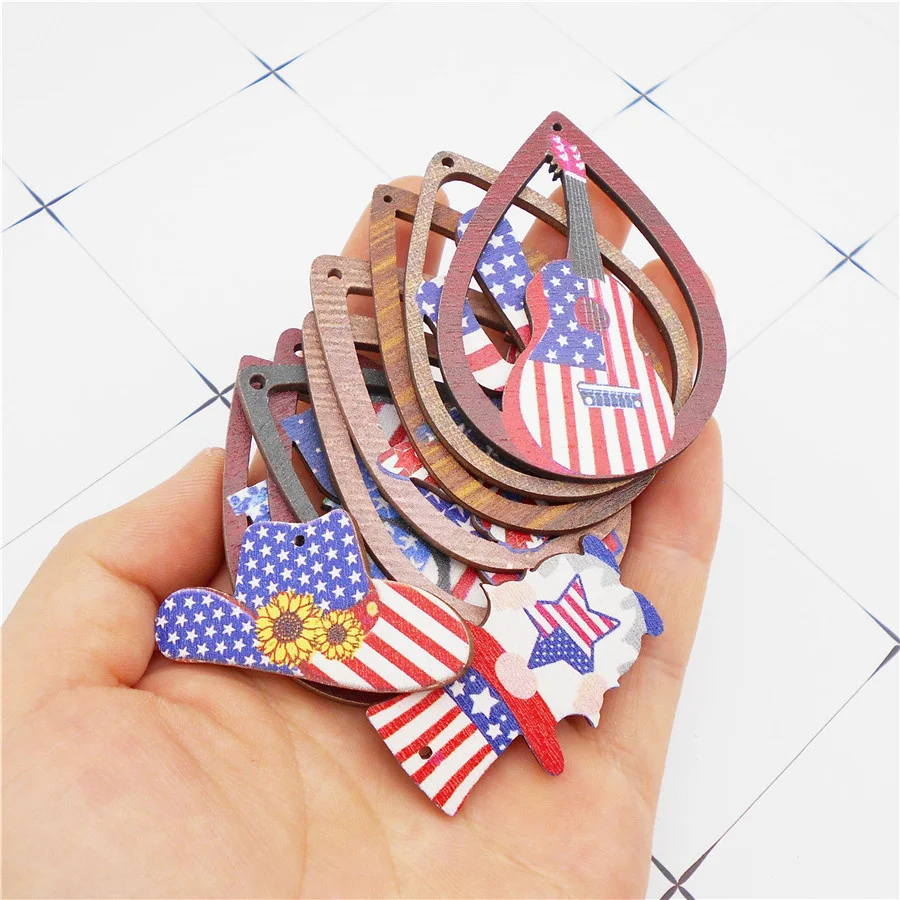 8/10PCS Wood America Flag Charms Wooden Independence Day Pendant For Bracelet Earrings Keychain Necklace Jewelry Accessory