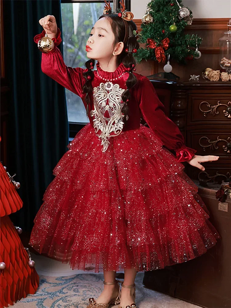 2024 Party Dress for Junior Girls Kids Kid Autumn Christmas Luxurious Sequins Tulle Tutu Dresses Children Baby Clothing Elegant