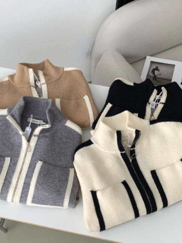 Y2k Elegant Casual Knitted Chic Jumpers Double Zipper Pockets Tender Cardigans Women Sweet Loose Stand Neck Sweaters Japanese