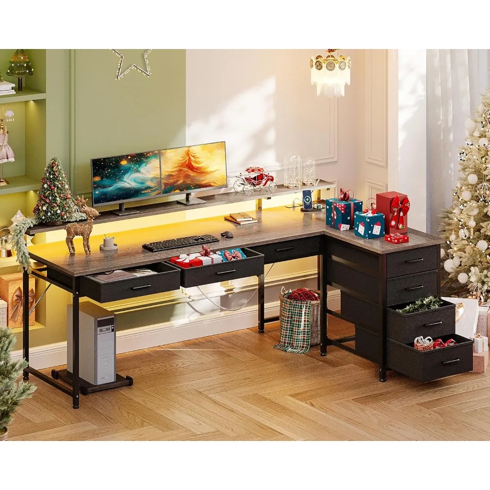 L Shaped Desk with 7 File Drawers, Gaming Desk with LED Light & Power Outlet, Reversible Home Office Desk with Monitor Shelf