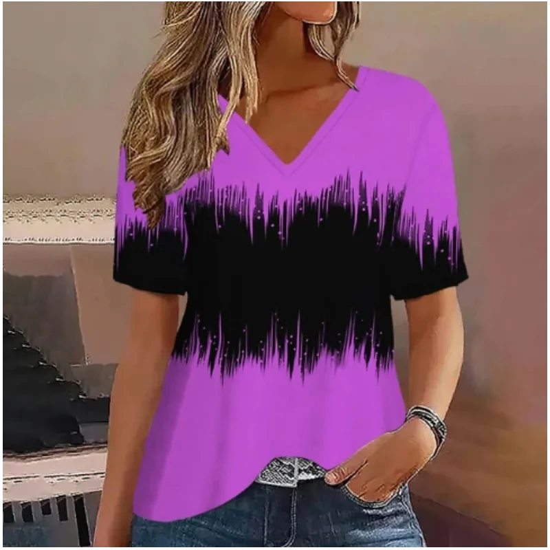 Summer comfortable casual women's T-shirt striped print gradient V-neck short sleeved street style T-shirt for women commuting