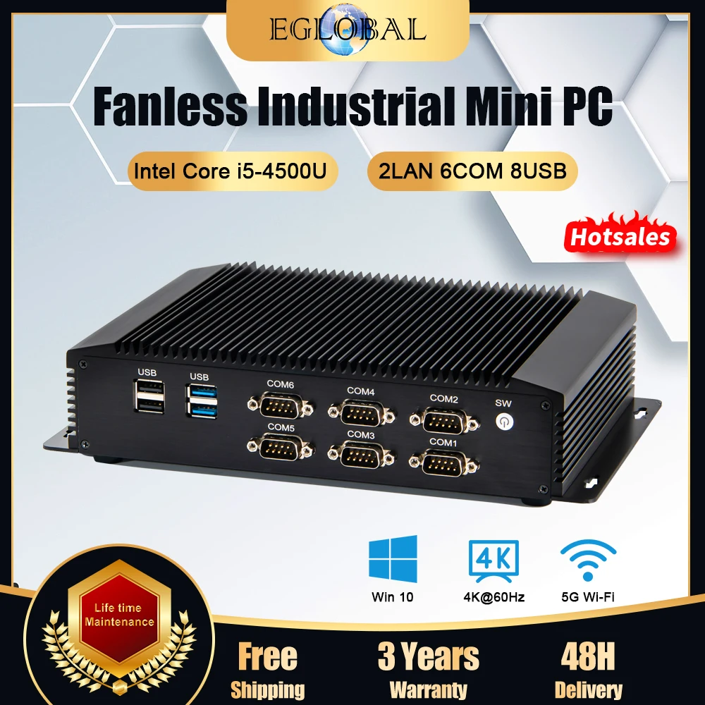 

EGLOBAL Fanless PC Mini 4th Gen Intel i7-4650U/i5-4200U RS232 RS485 HD VGA USB Industrial Computer 7x24 Continuous Operation
