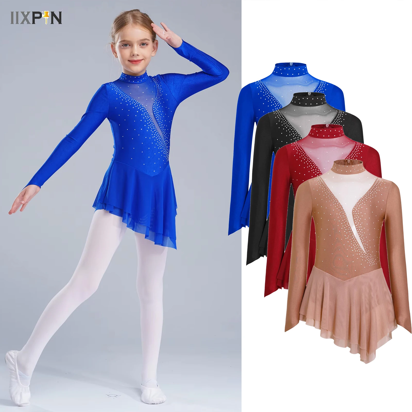 

Girls Ballet Dance Jersey Rhinestone Sheer Gymnastics Leotard Figure Skating Lyrical Dance Dress Performance Competition Costume
