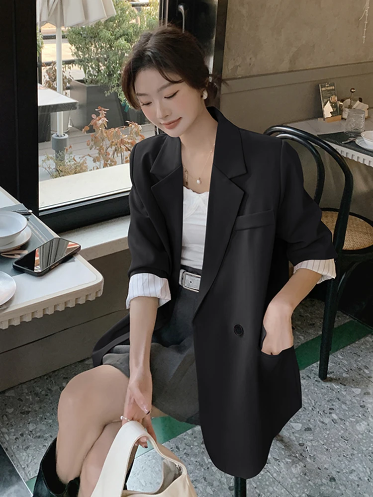 LANMREM Office Lady Blazer For Women Notched Long Sleeves Double Breasted Solid Color Coat Versatile 2024 New Clothing 2DA5909