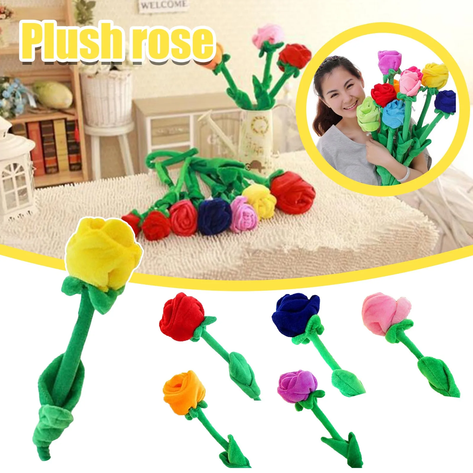 Simulation Plush Rose Assorted Colors Rose Long Flexible Stem for Decoration