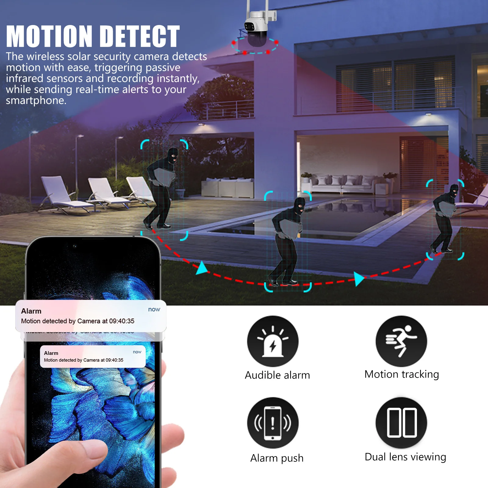 كاميرا مراقبة لاسلكية تعمل بالطاقة الشمسية 360 °   شاشة خارجية بعدسة مزدوجة قابلة للإمالة للمنزل والمدرسة مقاومة للعوامل الجوية