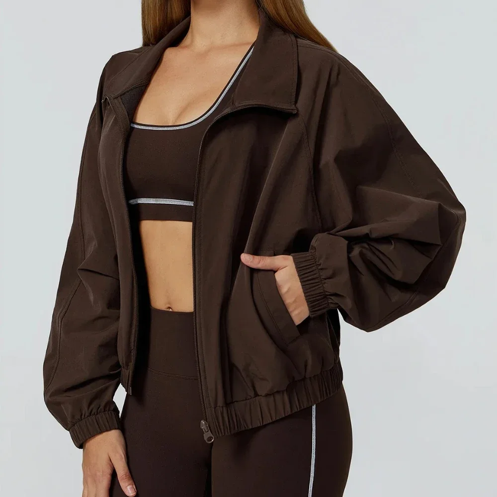 Autumn Women Sports Jacket Quick Dry Stand Up Collar Zipper Coats Windproof Outdoor Running Yoga Jacket Loose Gym Sportswear
