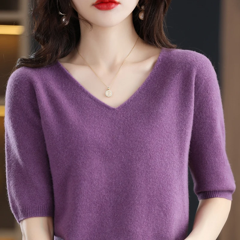 100% Merino Wool Women's V-Neck Knitted T-shirt Korean Pullover Short Sleeve Sweater Women's Basic Solid Color Half Sleeve Women