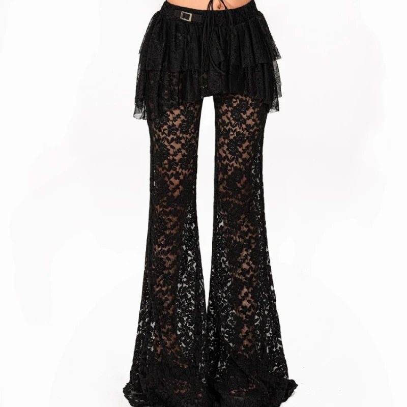Vintage Gothic Style Black Lace Mesh Women's Bell-bottoms 2025 Autumn New Sexy Jazz Hot Girl Fake Two-Piece Skirt Pants Ladies
