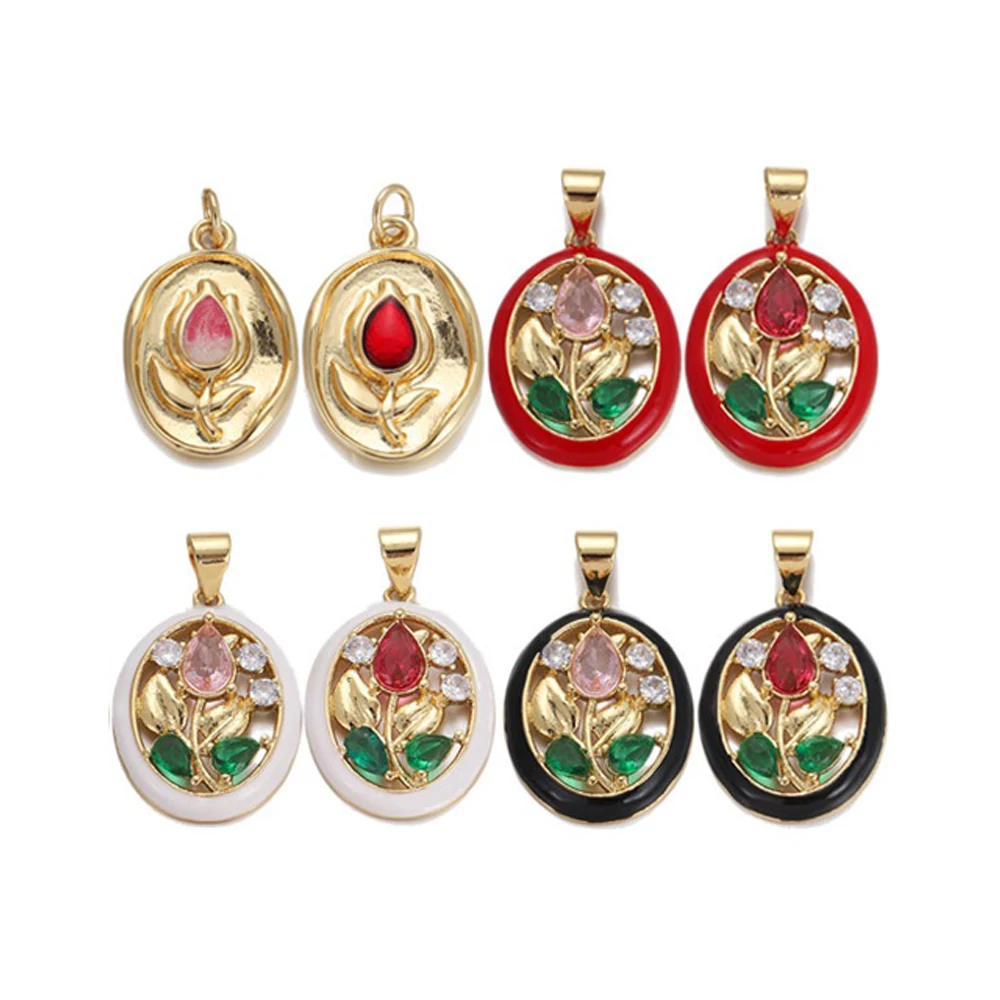

3 Pcs Tulip Flower Oval Pendant DIY Necklace Jewelry Making Micro Set Zircon Brass Charm Plant Hollow Luxury Accessory for Women